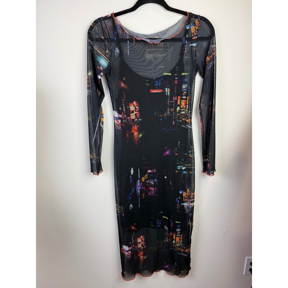 Vintage Supply NYC Times Square Mesh Midi Dress Long Sleeve Black Multi Small